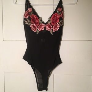 LF rose embroidered mesh body suit